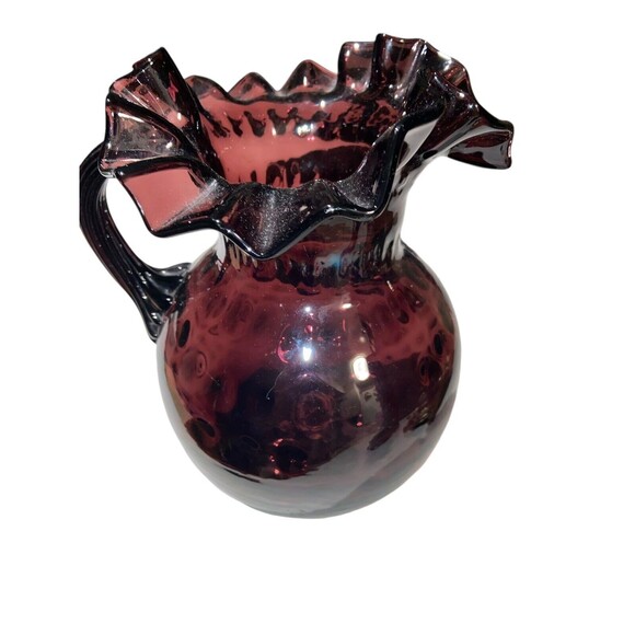 Vtg FENTON Pitcher Hand Blown Purple Coin Dot Optic RUFFLE Edge Reed Handle - Picture 2 of 3